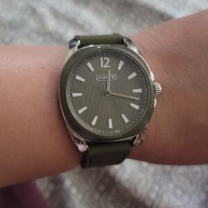 Coach Silver Case Watch with Olive Strap